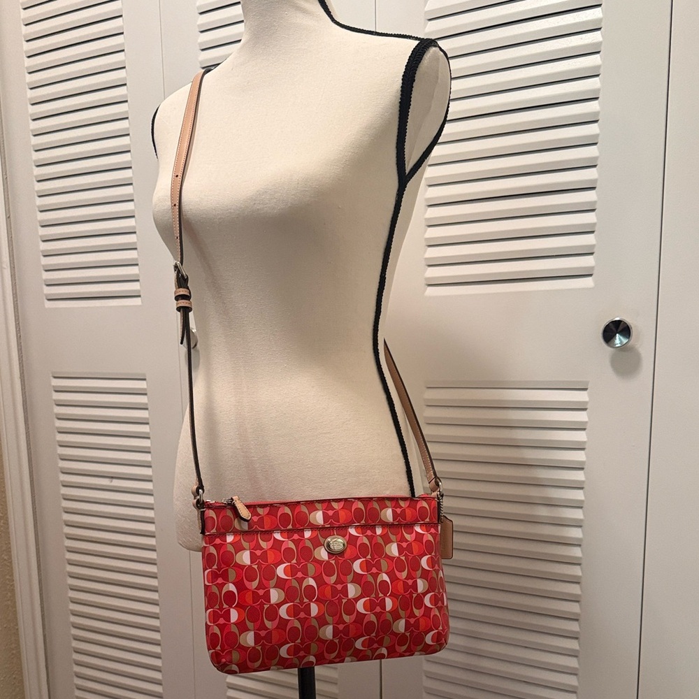 Coach Signature Red Saffiano Leather Crossbody Swingpack Bag
